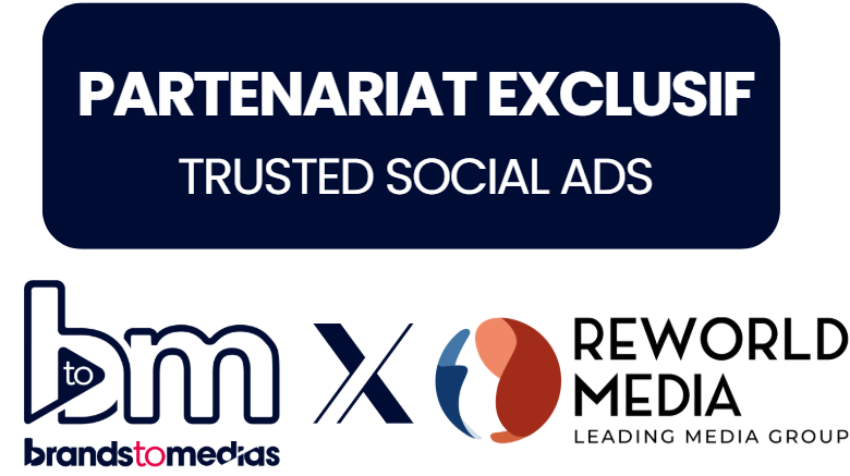 This image showcases the announcement of an exclusive partnership between Reworld Media, a leading media group, and Brands To Medias. The top section features a bold navy banner with white text stating: "Exclusive Partnership – Trusted Social Ads". Below, the logos of Brands To Medias (bm) and Reworld Media are displayed, separated by an "X" symbol, emphasizing the collaboration. The partnership aims to enhance social publishing, allowing advertisers to leverage trusted media brands for improved campaign performance.